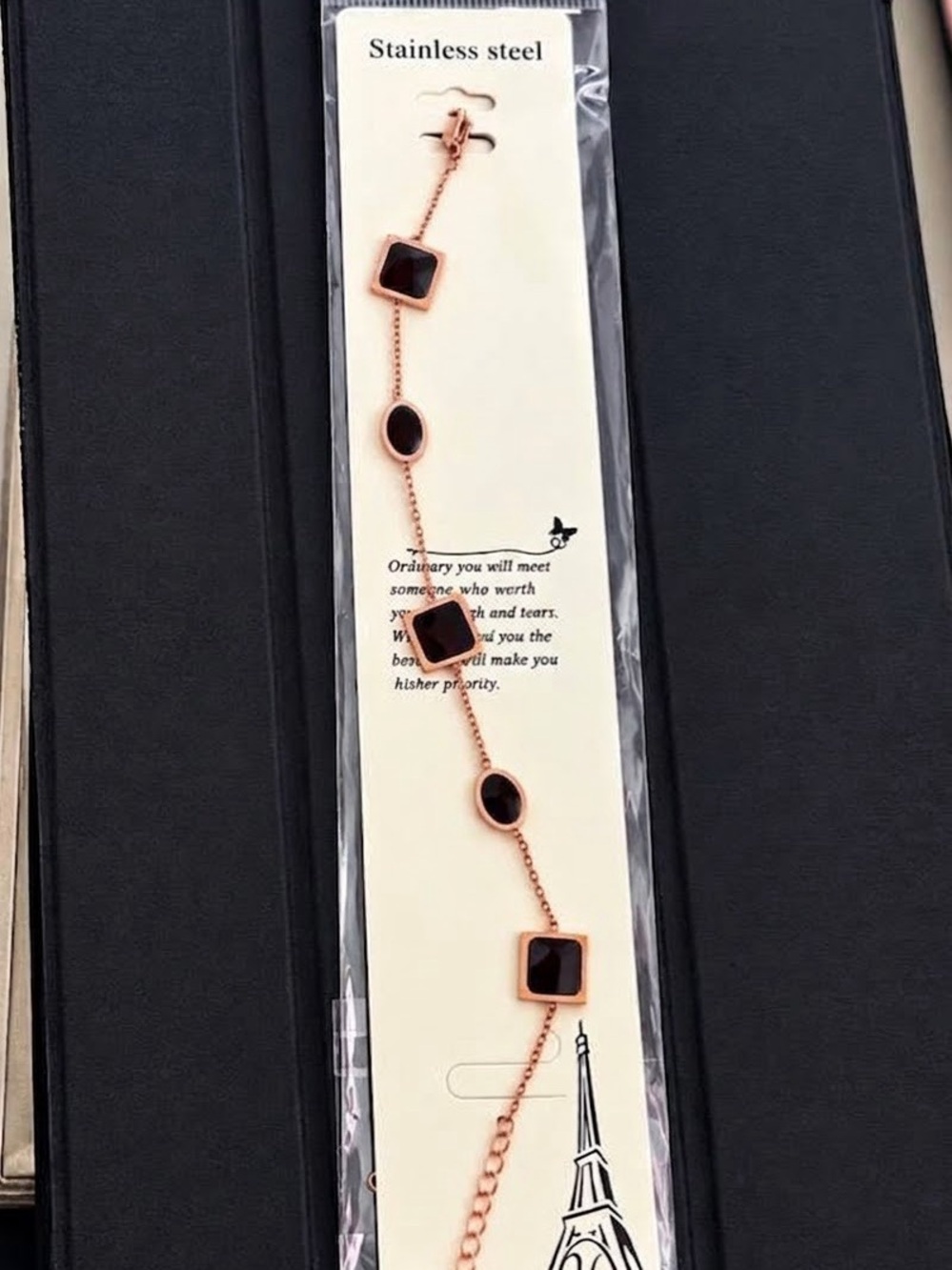 Stainless Steel Rose Gold Black Stone Bracelet - Elegant Women's Jewelry